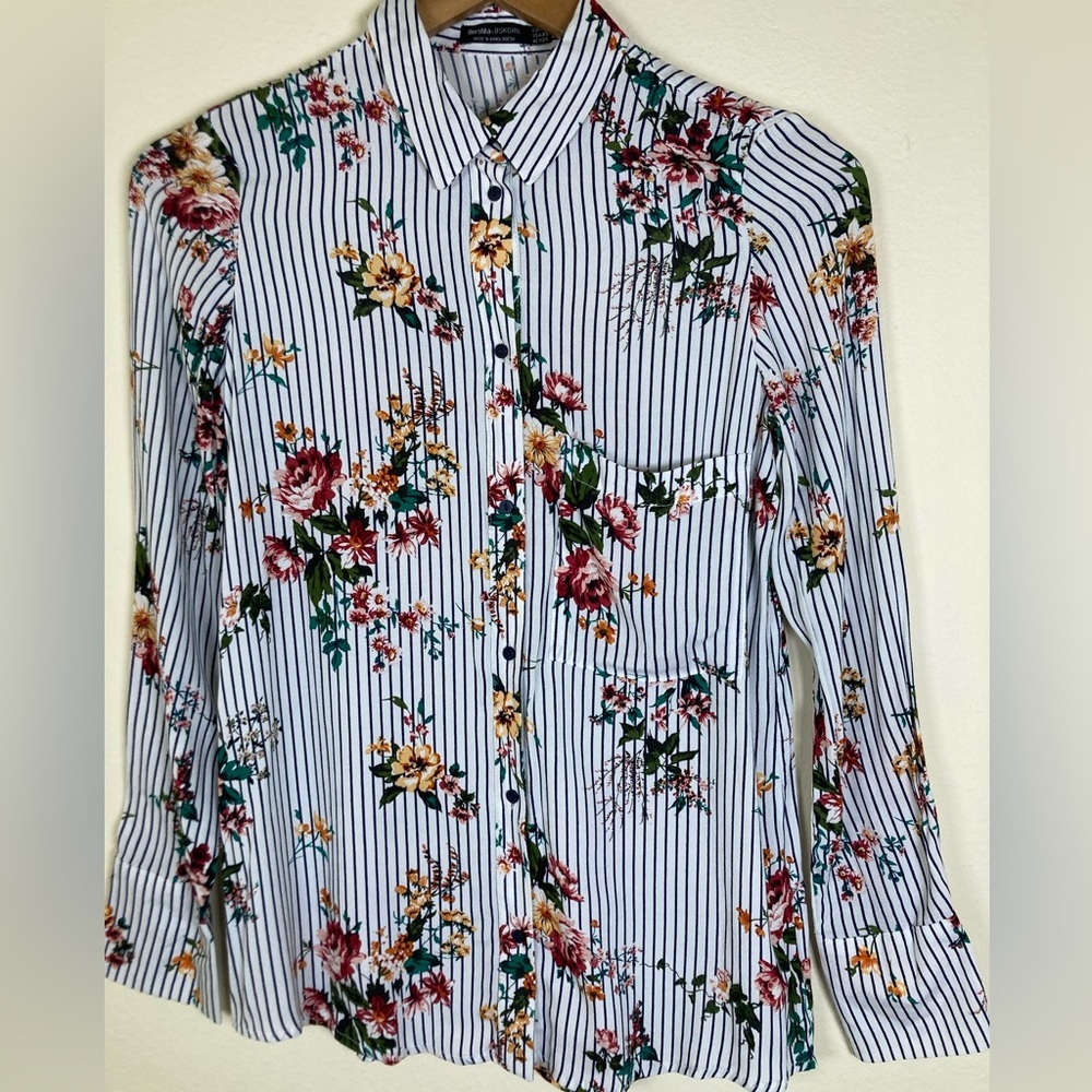 Bershka White Pinstripe Button-Down Shirt with Floral Print